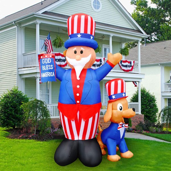 SEASONBLOW 7 Ft Patriotic Independence Day 4th of July Inflatable Uncle Sam with Dog & American Flag Decor Home Yard Outdoor Indoor Decoration