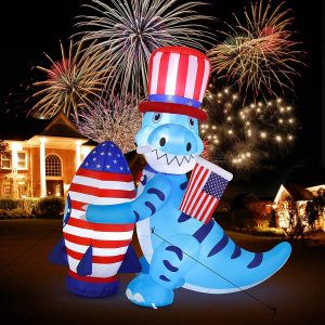 VINGLI 5FT Patriotic Independence Day 4th of July Inflatable Dinosaur Holding Rocket, LED Blow Up Lighted Decoration for Yard, Garden, Lawn, Home, Party, Indoor Outdoor Holiday Décor