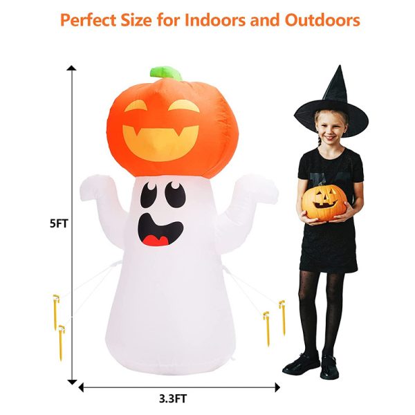 Zukakii 5Ft Halloween Decorations Inflatable Pumpkin Ghost Built-in 360° Rotating Magic Colorful Led Lights