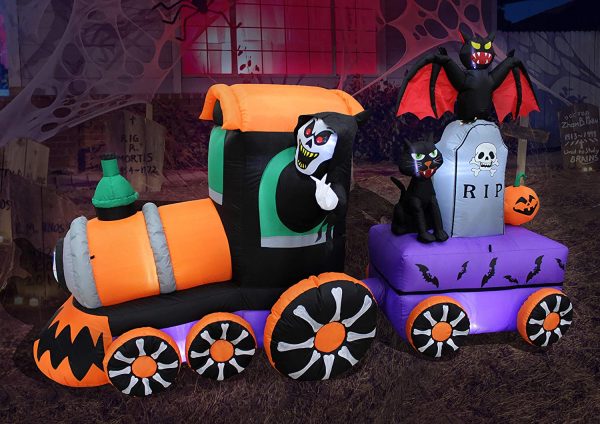 8 Foot Long Lighted Halloween Inflatable Grim Reaper Ride Train with Tombstone Cat Bat Pumpkin Indoor Outdoor Yard Art Decoration