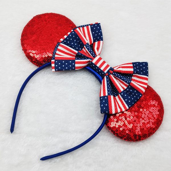 2 Pcs Glitter American Flag Bow Mouse Ear Headbands